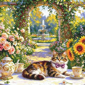 Garden Fountain Tabby Cat Cross Stitch Pattern