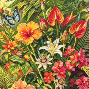 Tropical Hibiscus Anthurium Butterfly Cross Stitch Pattern